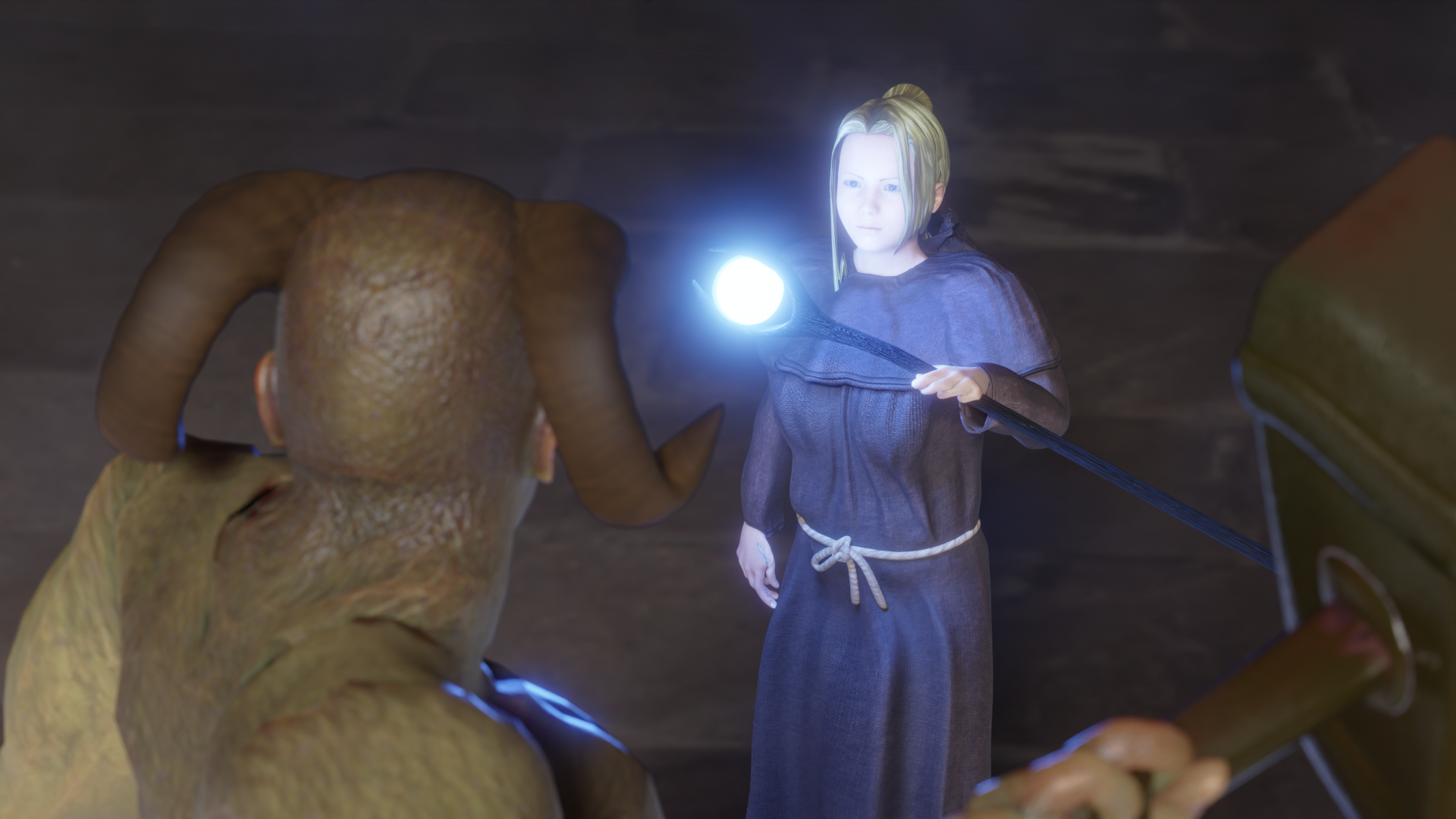 MPFB2とCC0のアセットパックによる作例（杖のマテリアルと衣服の編集あり）。背景は<a href="https://polyhaven.com/hdris" class="n" target="_blank">Polyhaven</a>より