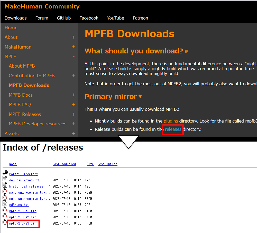 今では割と珍しくなったディレクトリ表示から「mpfb-2.0-a3.zip」をダウンロード