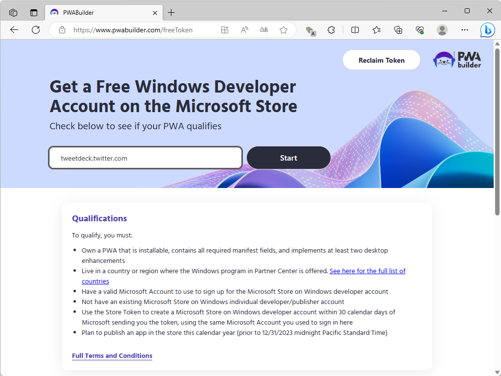 「pwabuilder.com」の受け付けページ