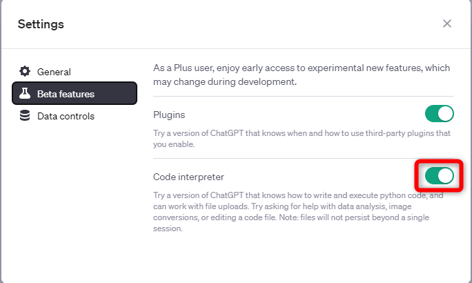 ［Settings］の画面にある［Beta features］で［Code Interpreter］をONにする