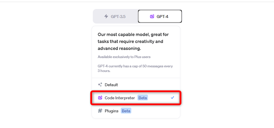 チャット開始時に［GPT-4］のメニューから［Code Interpreter］をクリックする