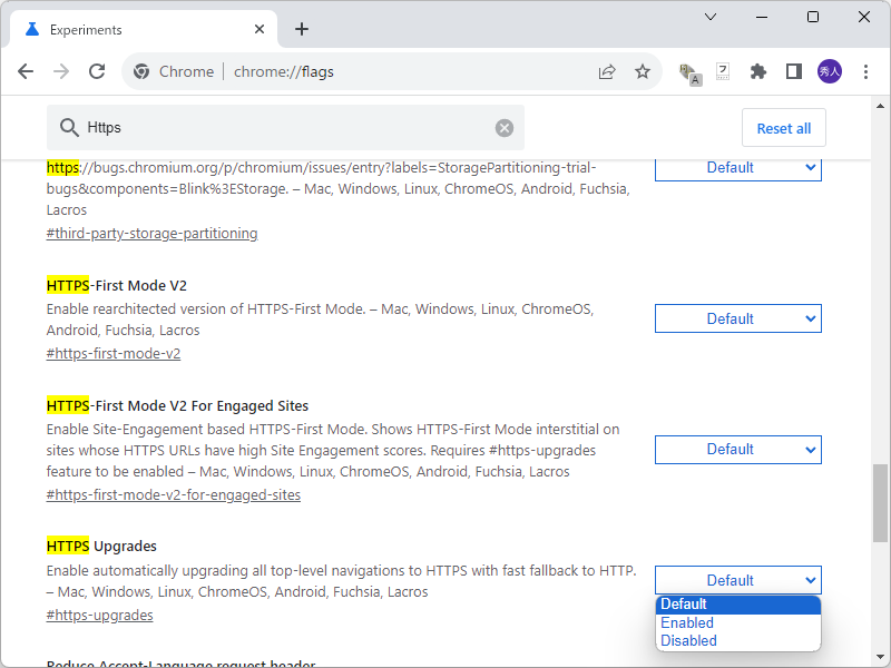 試験機能画面（chrome://flags）