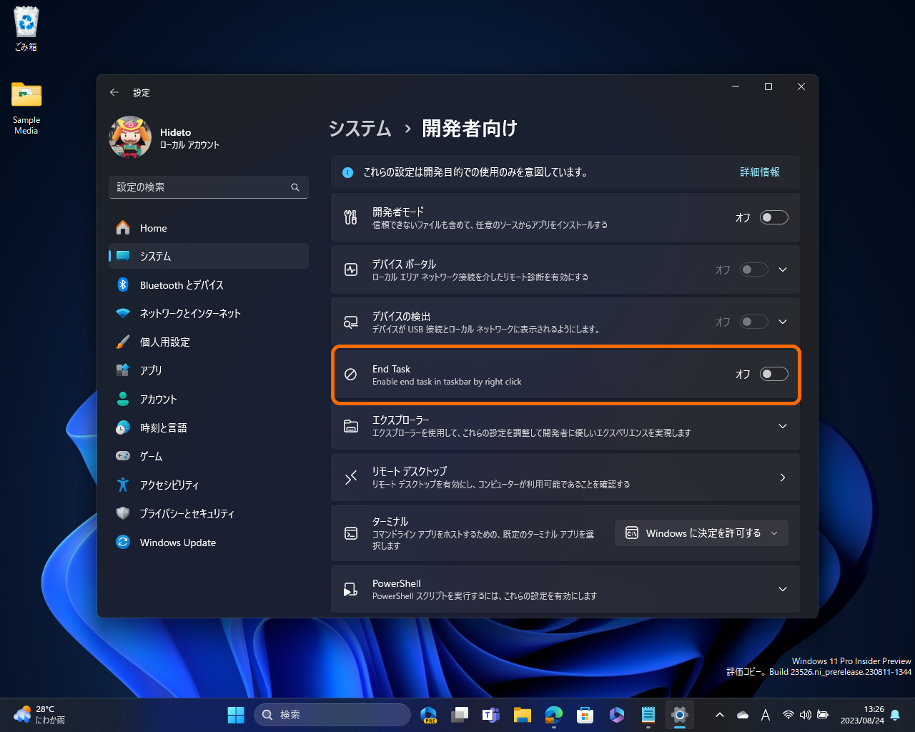 ［システム］－［開発者向け］設定ページで明示的に有効化
