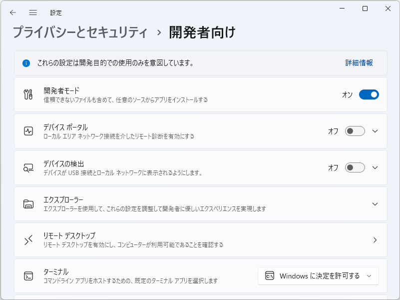 現行の製品版「Windows 11」の場合、［開発者向け］設定ページは［プライバシーとセキュリティ］以下に