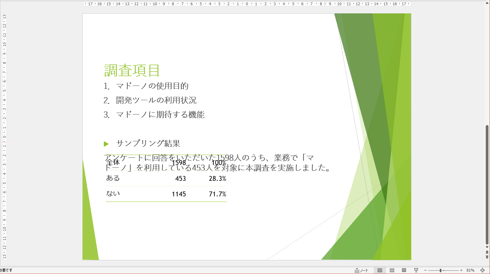 スライドの縦横比が変更された。不要なテキストや表を削除しておく