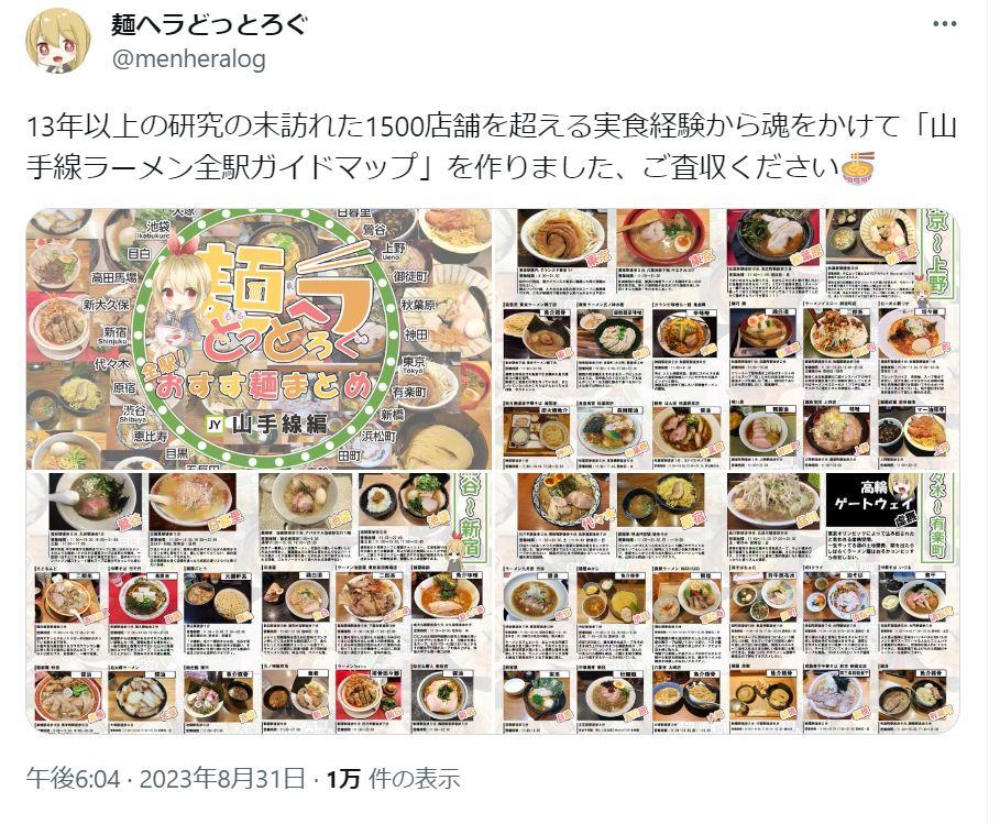 X（旧Twitter）で公開された「山手線ラーメン全駅ガイドマップ」