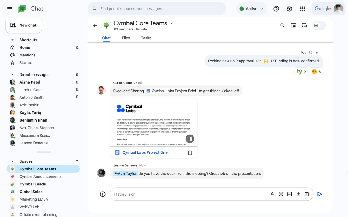 「Google Chat」から直接ファイルを添付