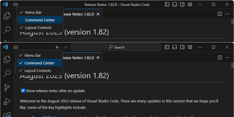 「コマンド センター」が既定で有効化（下）