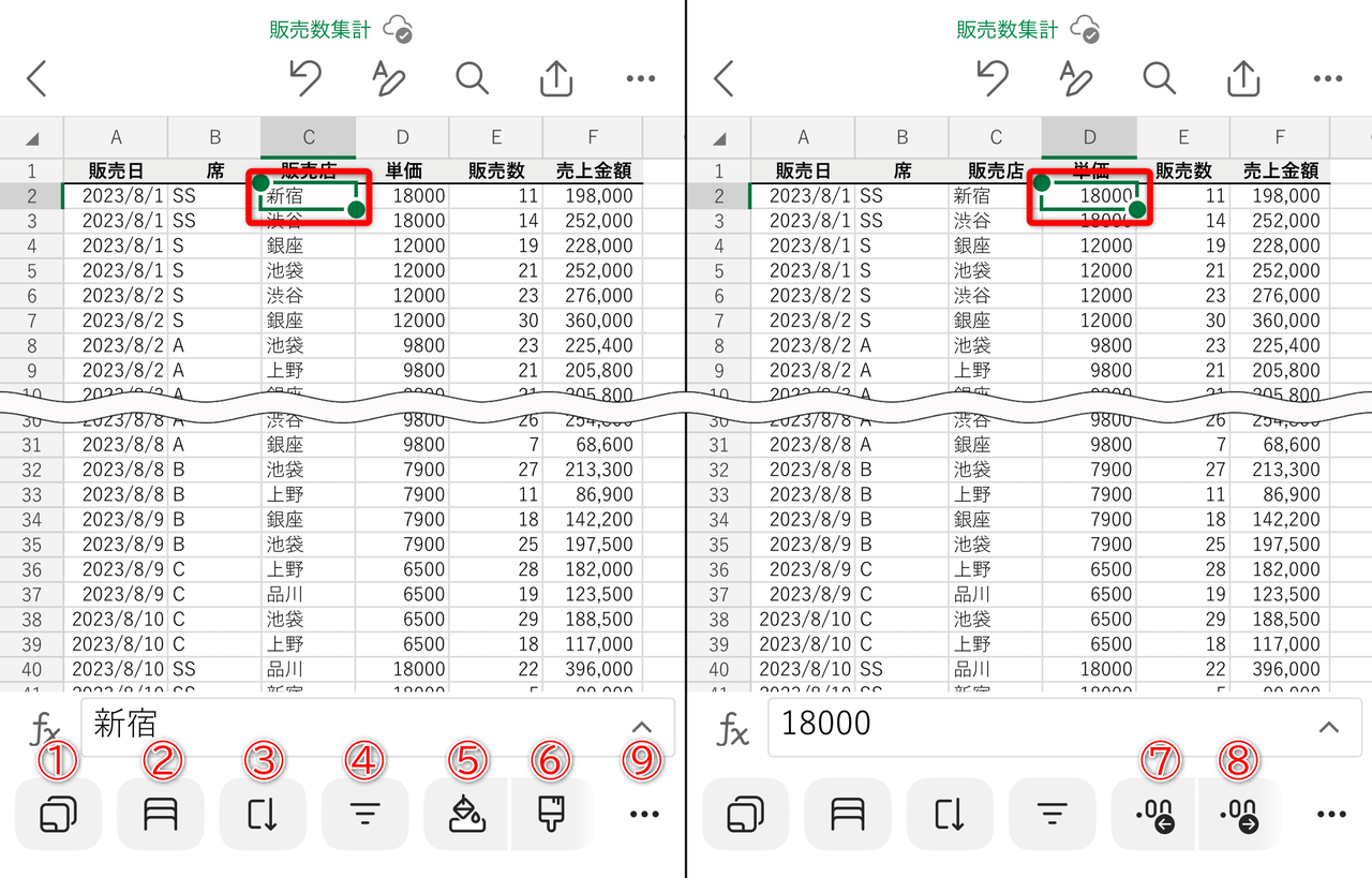 文字列（左）と数値（右）でアイコンは異なる。それぞれの機能は以下の通り