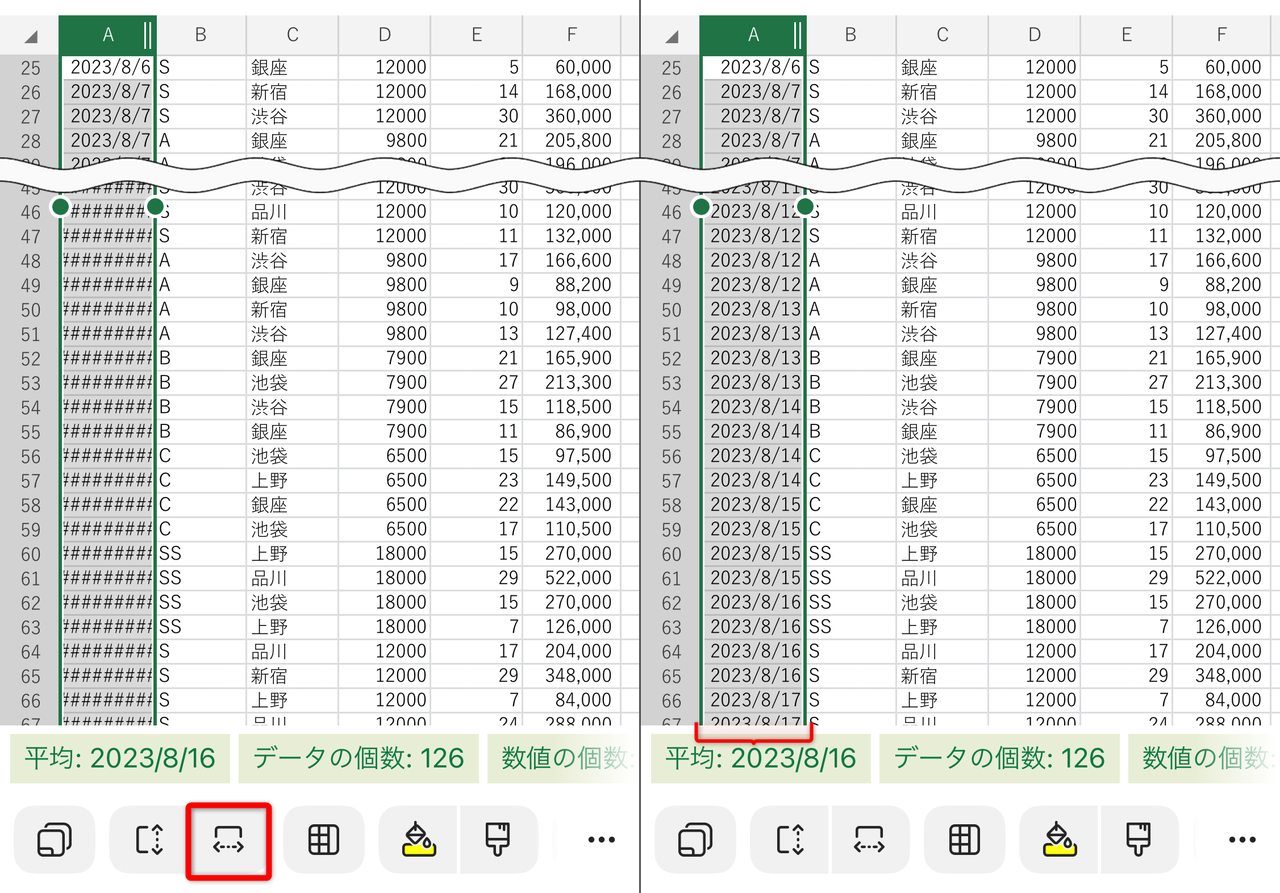 列を選択するとアイコンの表示が切り替わる。データの幅に合わせるアイコンをクリックする