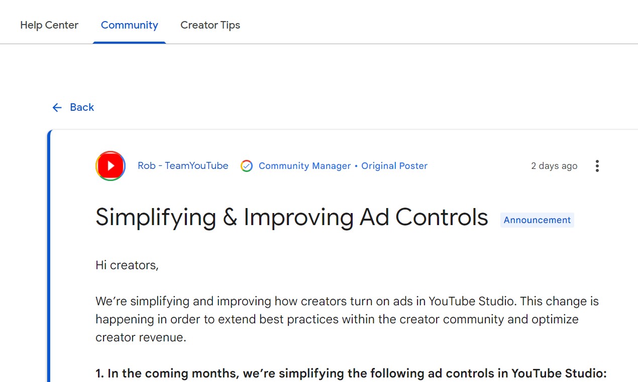 クリエイター側での広告操作の簡素化と改善