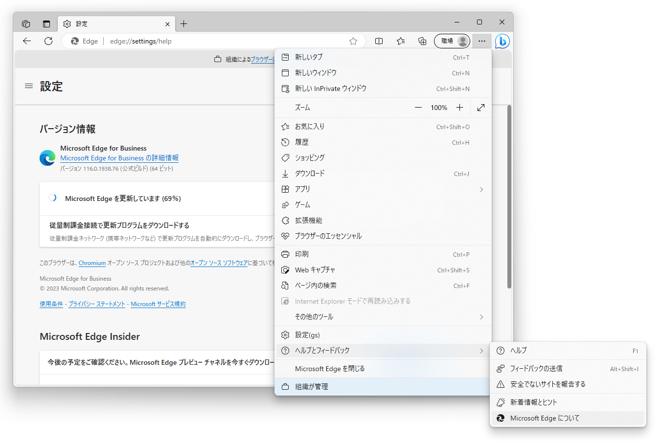 「edge://settings/help」画面から更新が可能