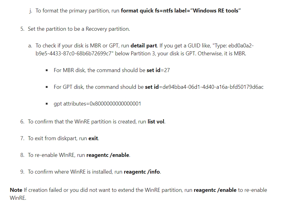 「WinRE」更新プログラムをインストールするためにパーティションのサイズを手動で変更する手順