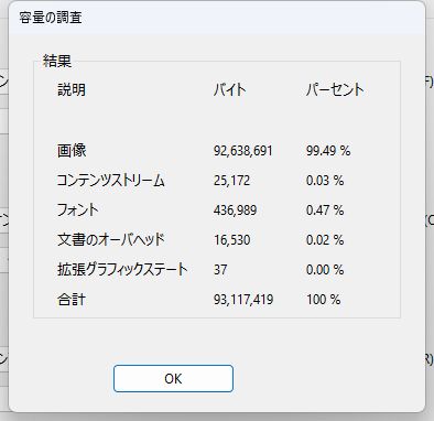 ［容量の調査］でデータごとのファイル容量を確認できる