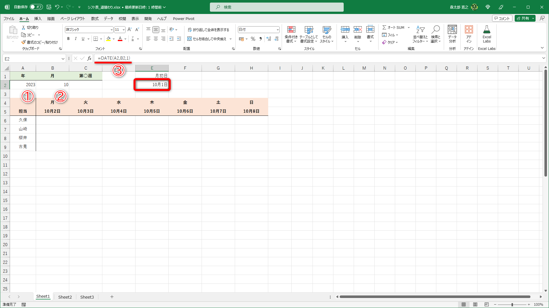 セルA2に「年」（①）、セルB2に「月」（②）を入力できるようにしてあります。「2023」年「10」月の意味です。セルE2には「=DATE(A2,B2,1)」（③）と入力すると「10月1日」と表示されます