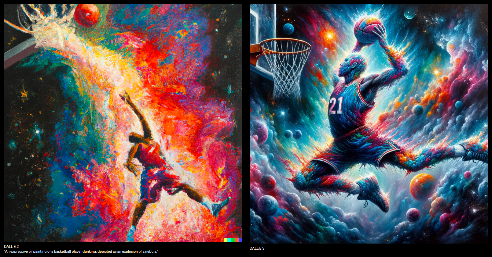「DALL-E 2」（左）と「DALL-E 3」（右）。プロンプトは同じ「An expressive oil painting of a basketball player dunking, depicted as an explosion of a nebula.」で生成