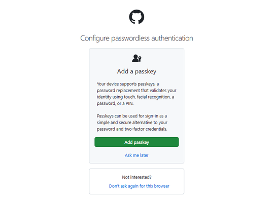 「GitHub」へパスキーを登録