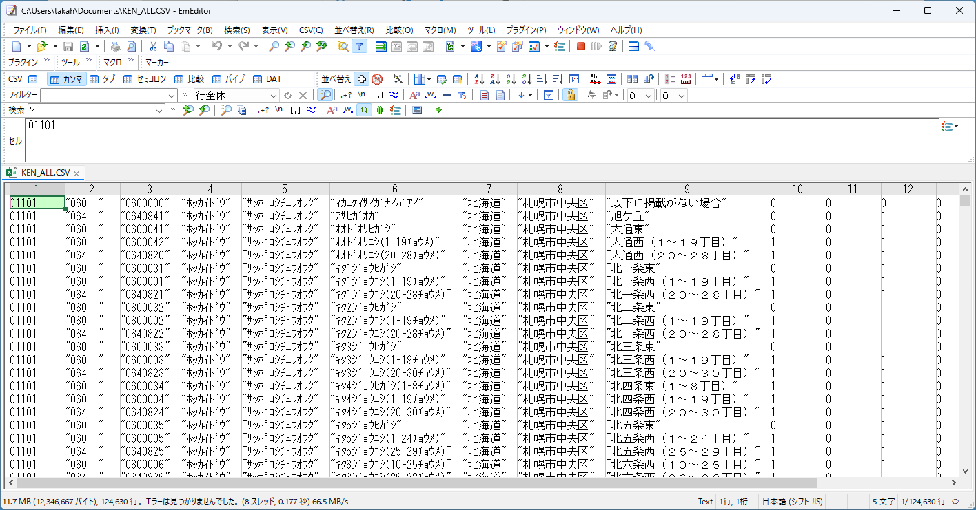 KEN_ALL.CSVを「EmEditor」で開いたところ