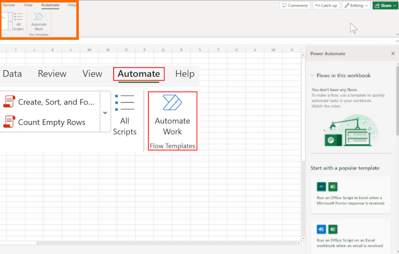 Web版「Excel」に［作業の自動化］（Automate Work）ボタンが追加