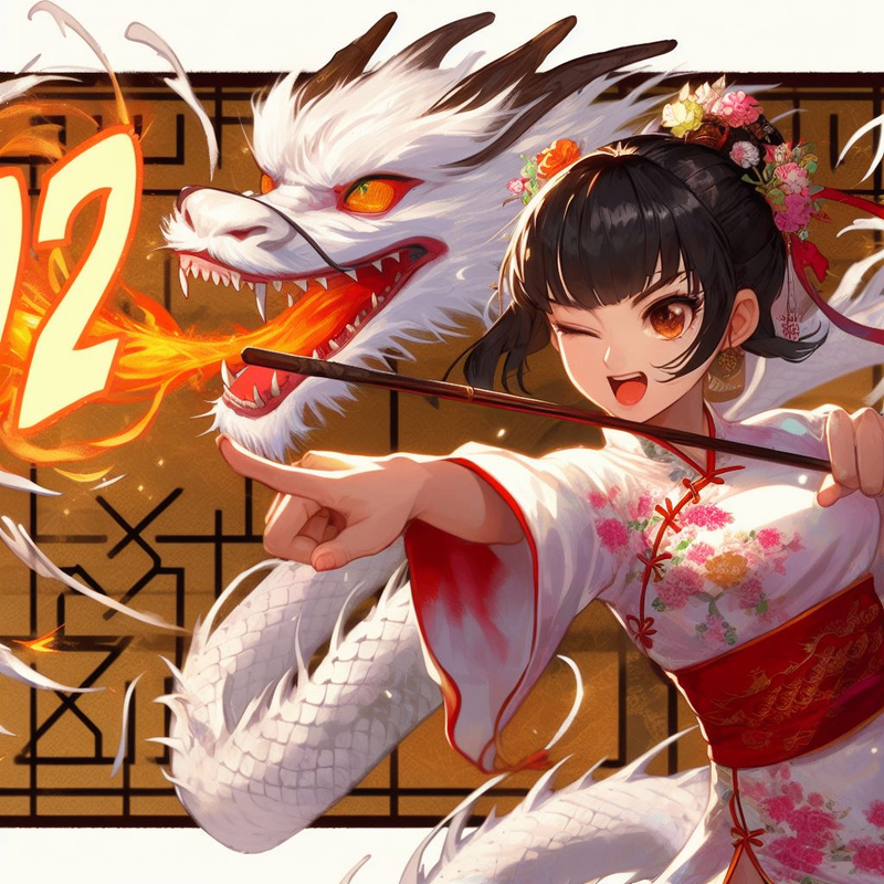 背景のパターンやキャラクター、服のデザイン、ポーズ、指の姿勢なども含めてかなり完成度が高いです。ドラゴンの雰囲気がいいけど構造はおかしい、数字が出ていないのが残念