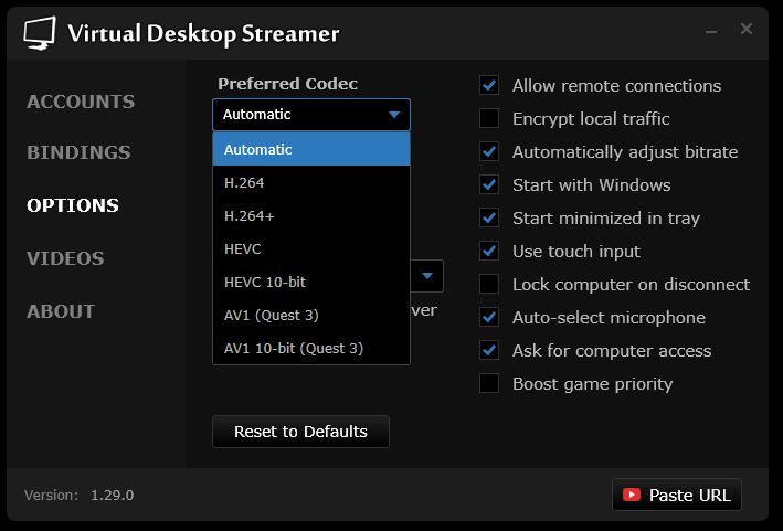 「Virtual Desktop」で「AV-1」コーデックが選択できます