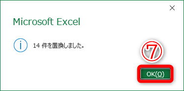 置換した件数が表示されます。［OK］（⑦）をクリックします。［検索と置換］ダイアログボックスの［閉じる］をクリックしておきます