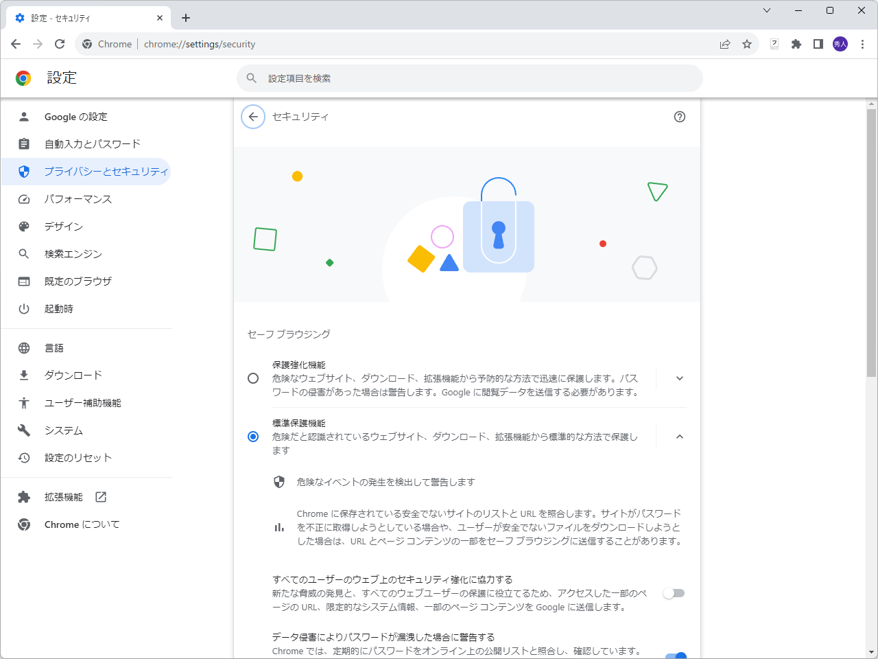 「セーフ ブラウジング保護」の設定ページ