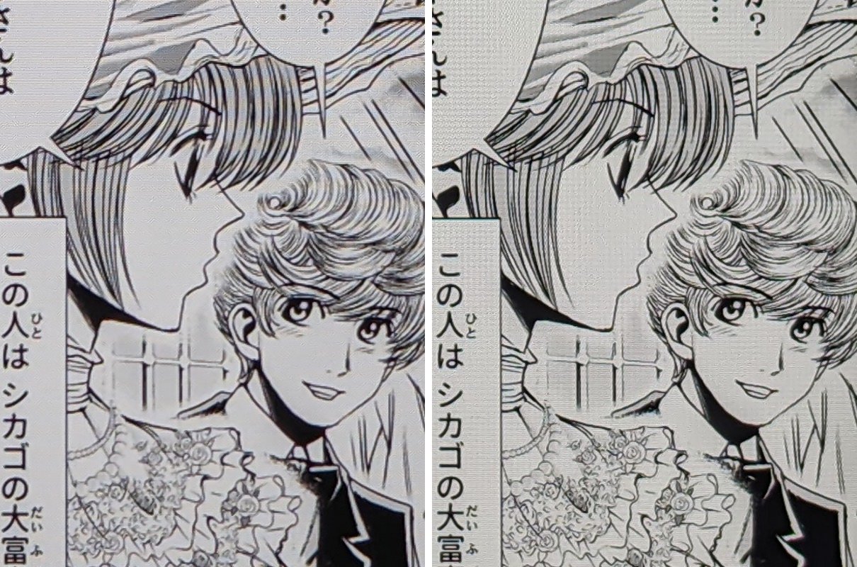 画質の比較。左がFire、右がiPad 。iPadのほうが（今回の写真では若干モアレがかかっているものの）解像度が高いせいか、細い線もシャープに表現できている