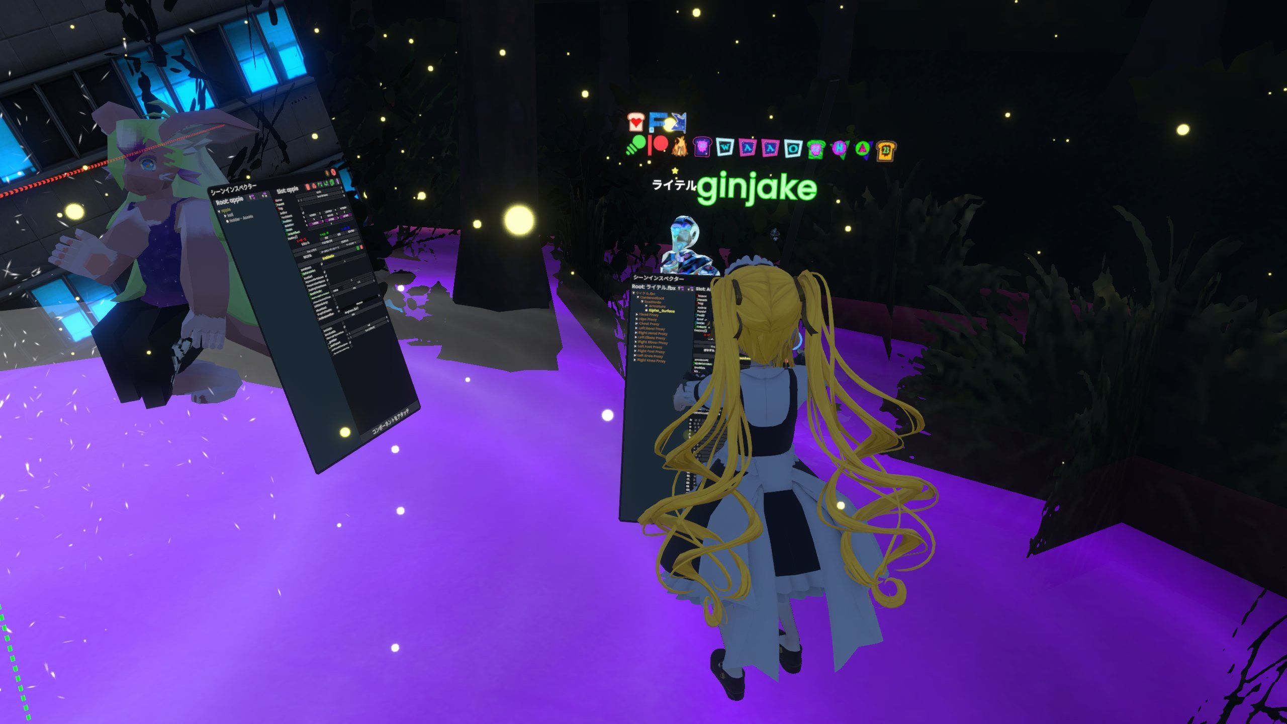 バーチャル空間上に「インスペクター」というウィンドウを浮かばせて、ワールド内のオブジェクトを変更しています