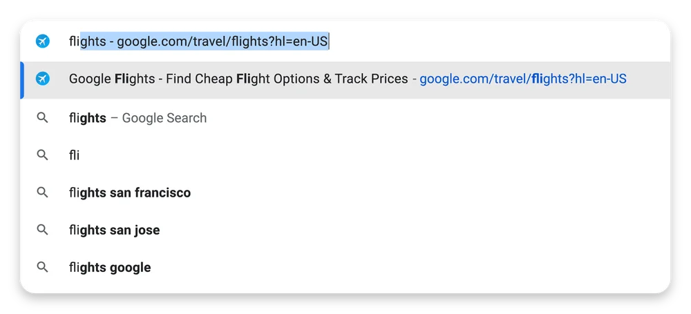「flights」と入力しても「Google Flights」がオートコンプリートされるように