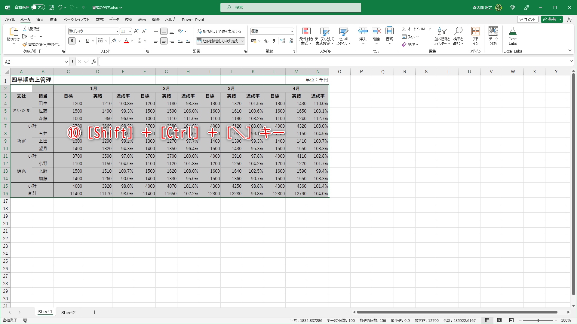 セル範囲を選択して、［Shift］＋［Ctrl］＋［&yen;］キーを押します（⑩）