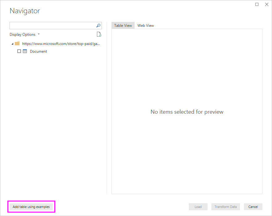 「例を提供してテーブルの追加」（Add Table Using Examples）