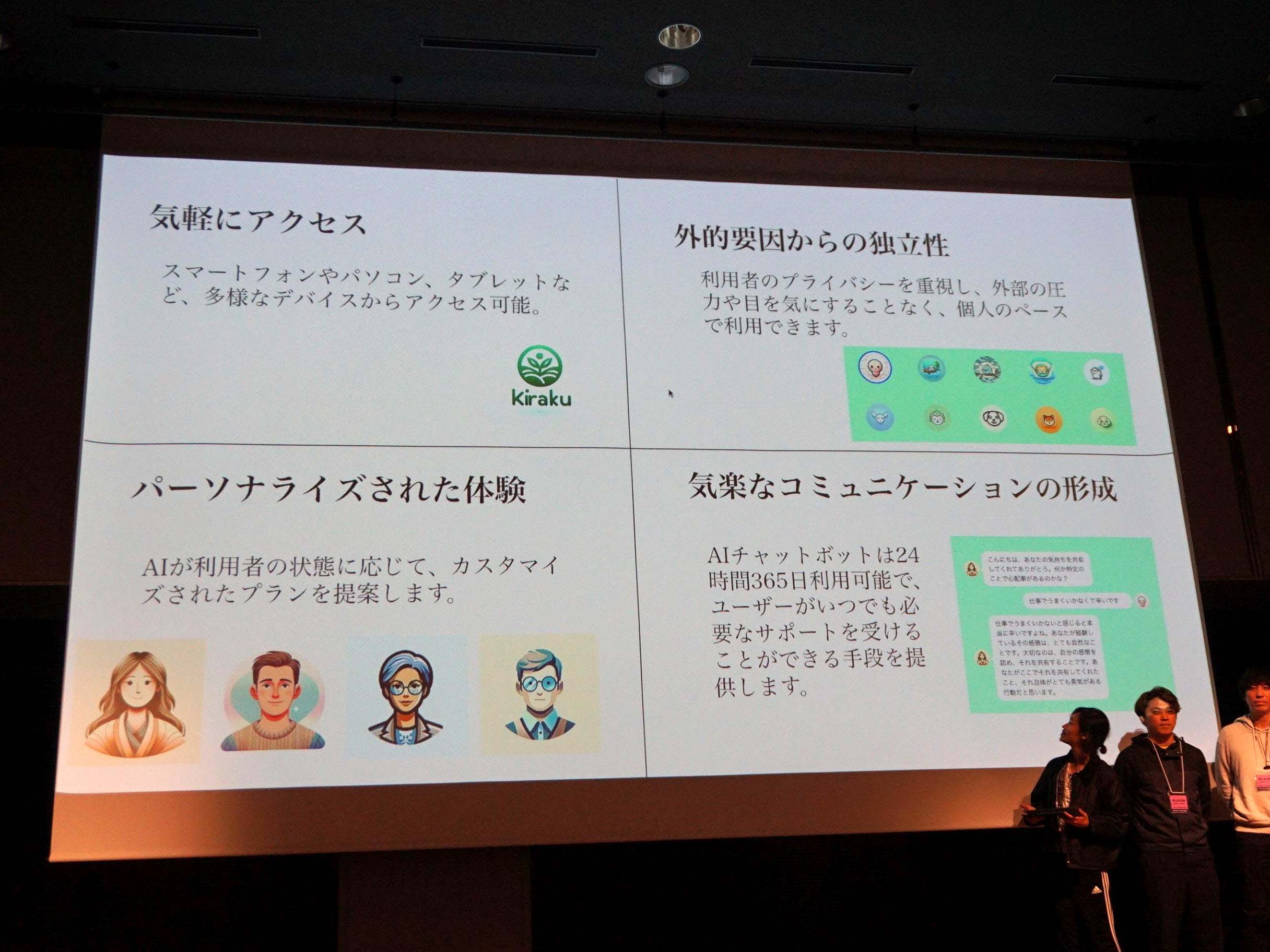 準優勝の「何でもは知らないわよ。2022年1月までのことだけ。」が開発した「kiraku」