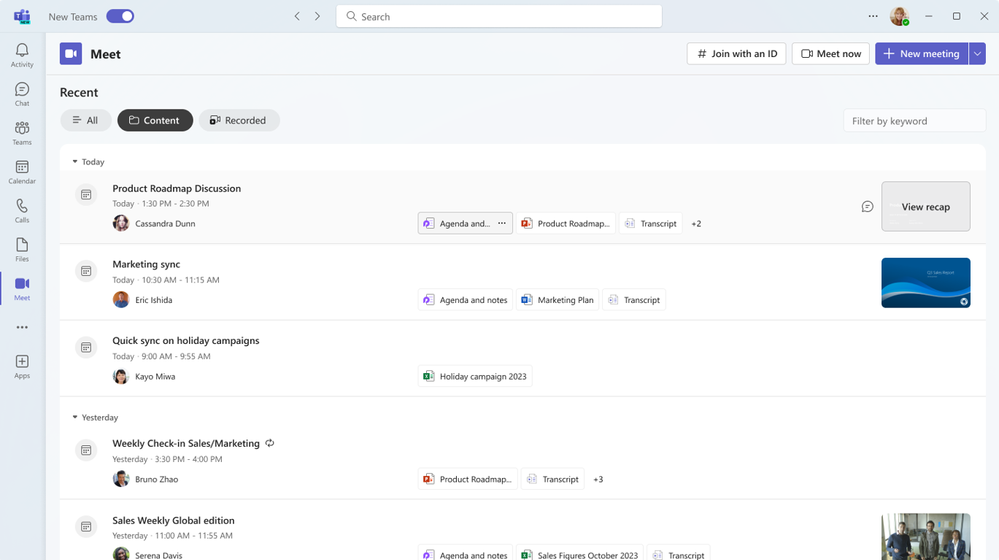 ［Recent］画面。共有コンテンツや録音の有無でフィルタリングも可能
