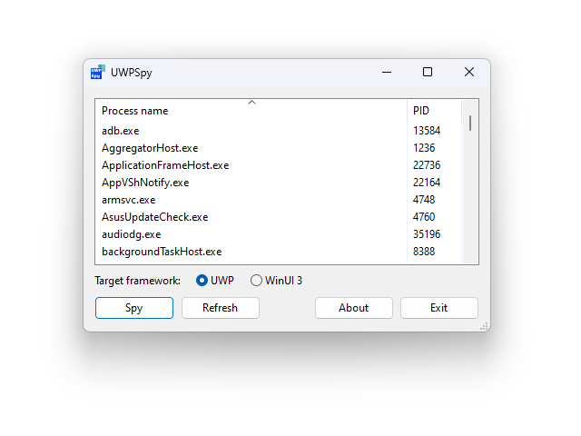 「UWPSpy」を起動した様子。調査の対象とするアプリとそのUIフレームワークを選択