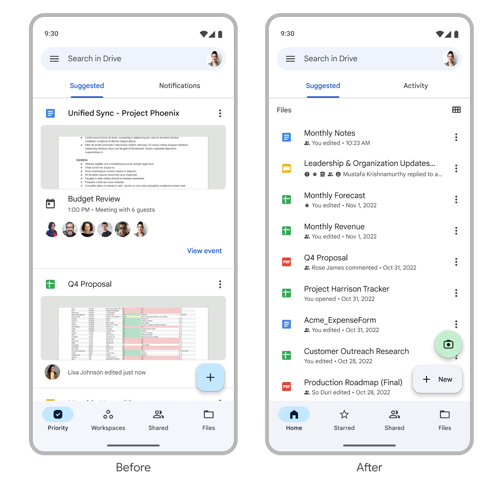 iOS/Android向け「Google ドライブ」のUIが刷新。ホーム画面の［候補］ビューでは一度により多くのファイルが表示されるように