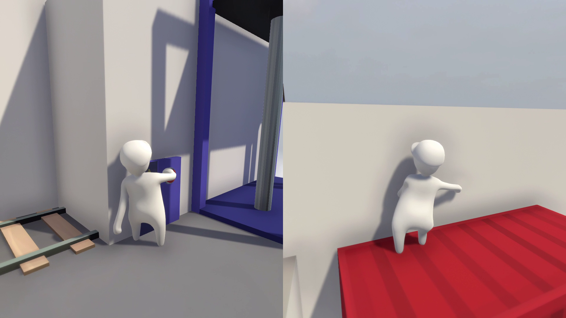 白い人型のキャラクターが主人公。画面分割で2人同時プレイをしている