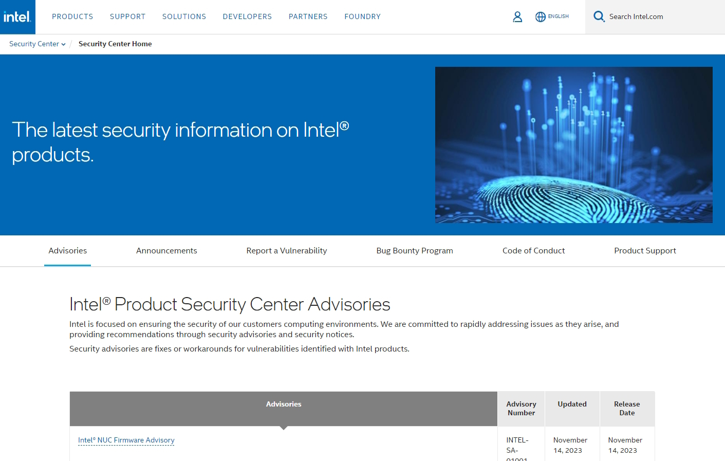 Intel Security Centerのページ。11月は合計31件のセキュリティアドバイザリが公開