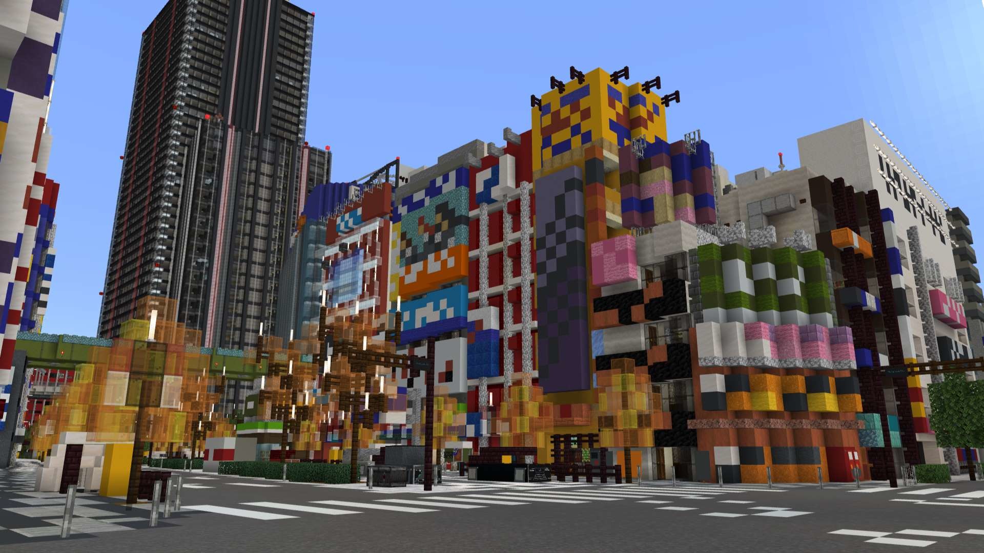 ビジネスビル群とポップカルチャーの街が同居する世界観