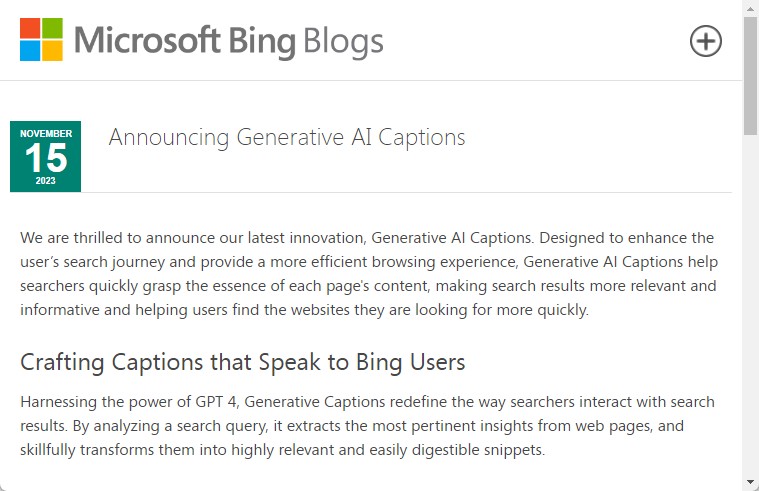 Microsoftが「Bing」検索の生成AIによる要約機能「Generative AI Captions」を発表