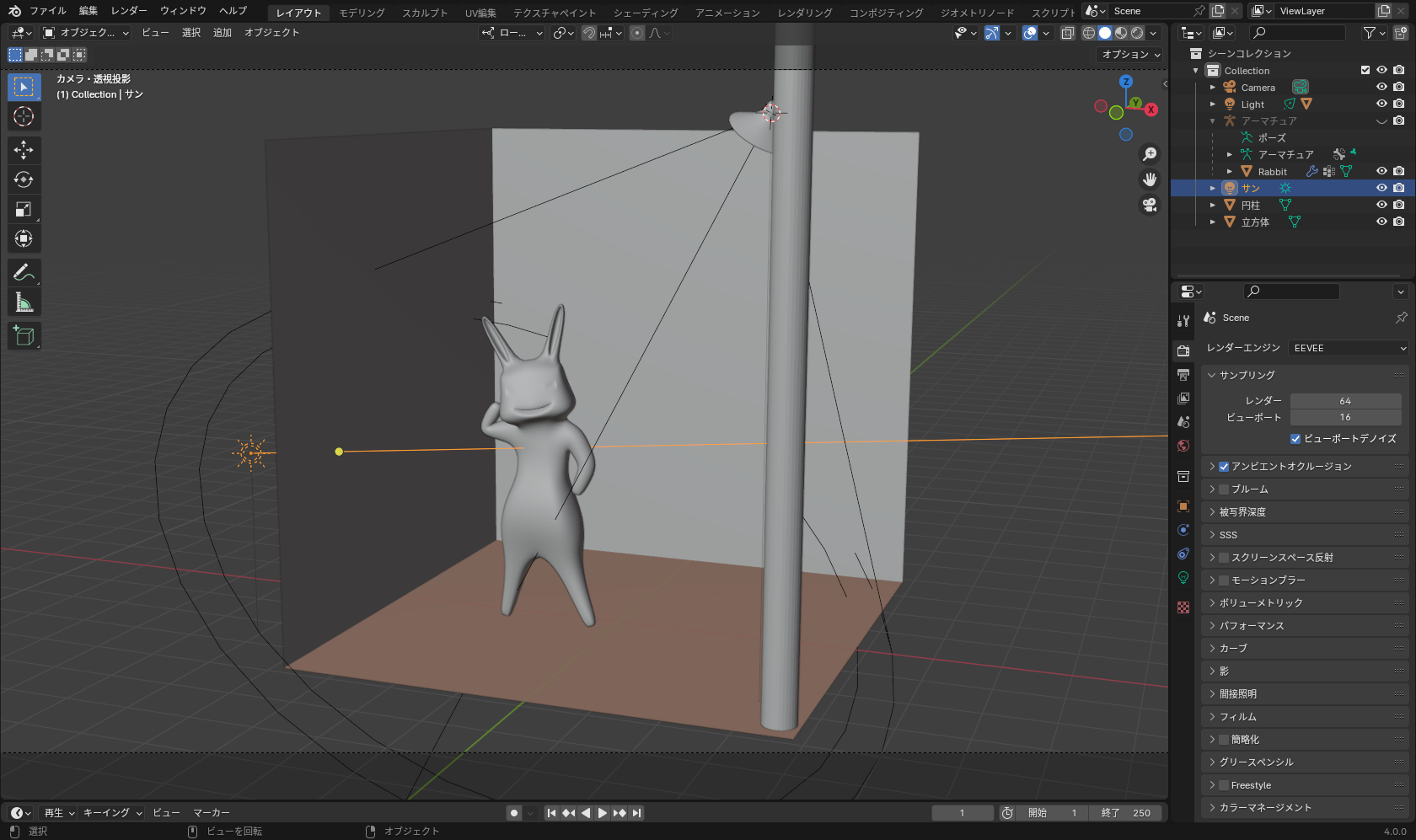 左側のサンライトを赤いフィルライトとして真ん中のキャラクターに使用したい