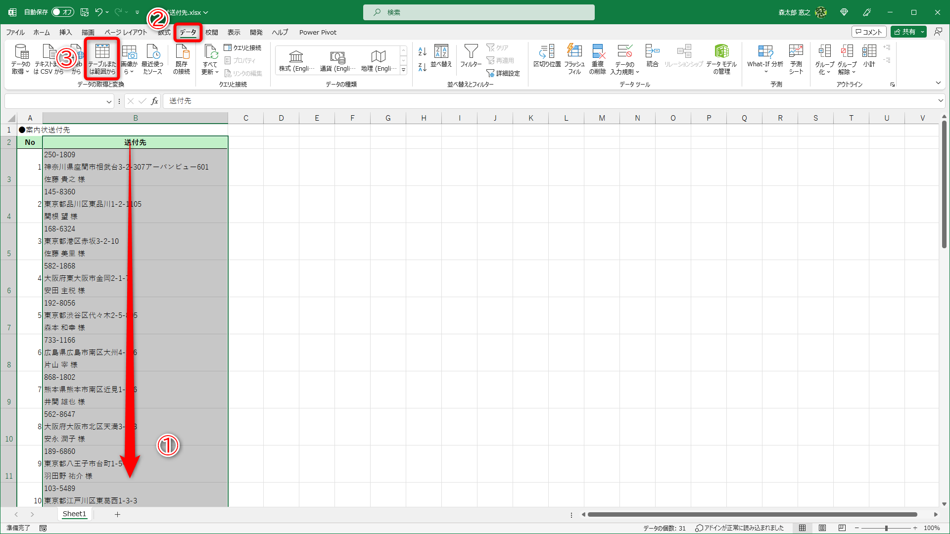 処理するデータの入力されたセル範囲を選択しておきます（①）。［データ］タブ（②）の［テーブルまたは範囲から］（③）をクリックします