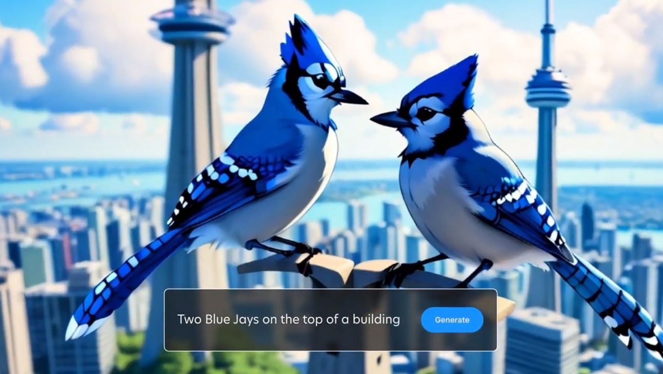 「Two Blue Jays on the top of building」