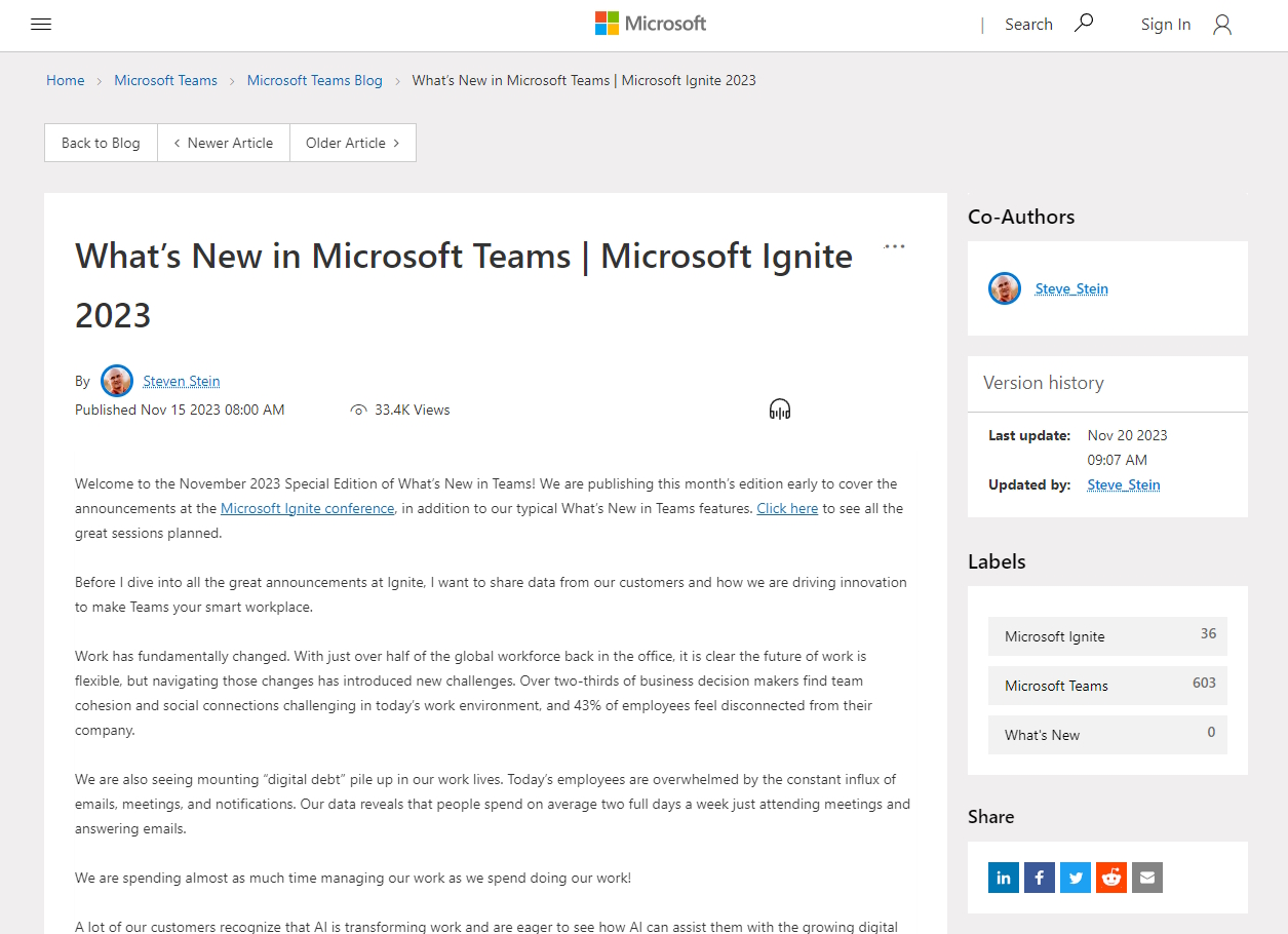 Microsoft公式ブログ「What's New in Microsoft Teams | Microsoft Ignite 2023」