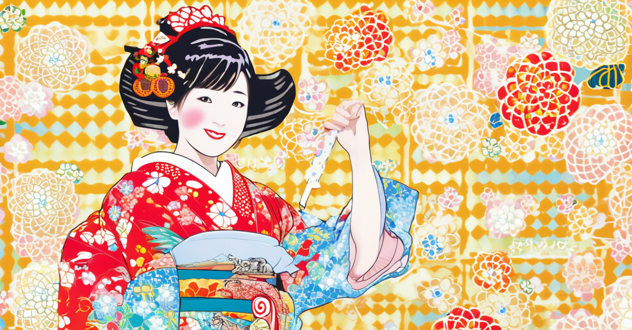 「年賀状,成人式,踊る女子,渋谷駅前,ドラゴン,日本画,イラスト」で生成した画像