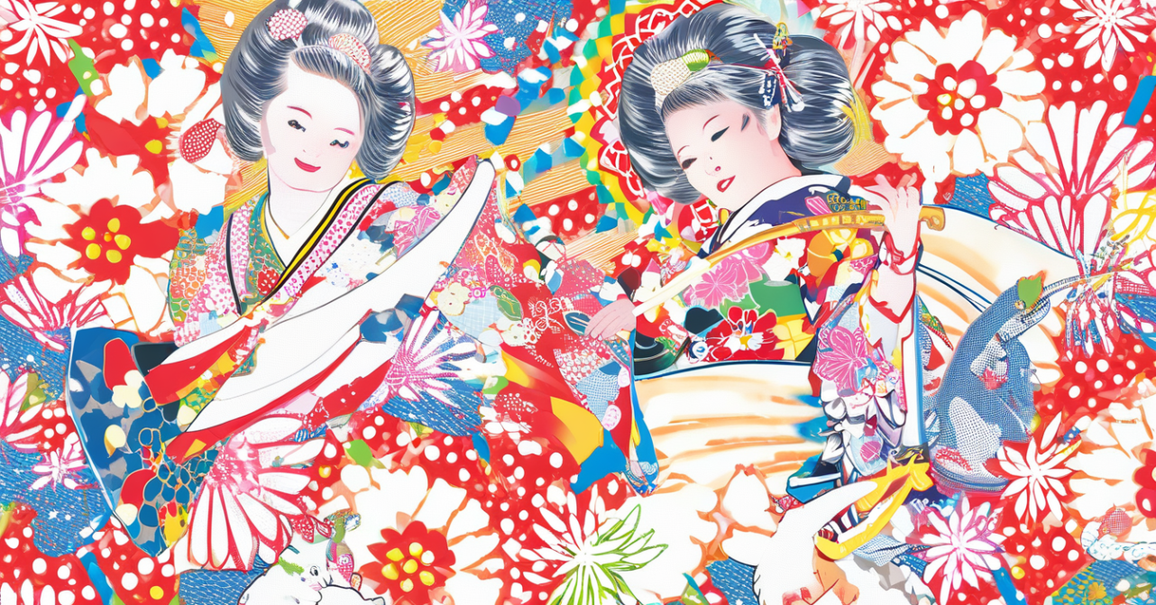 「年賀状,成人式,踊る女子,渋谷駅前,ドラゴン,日本画,イラスト」で生成した画像