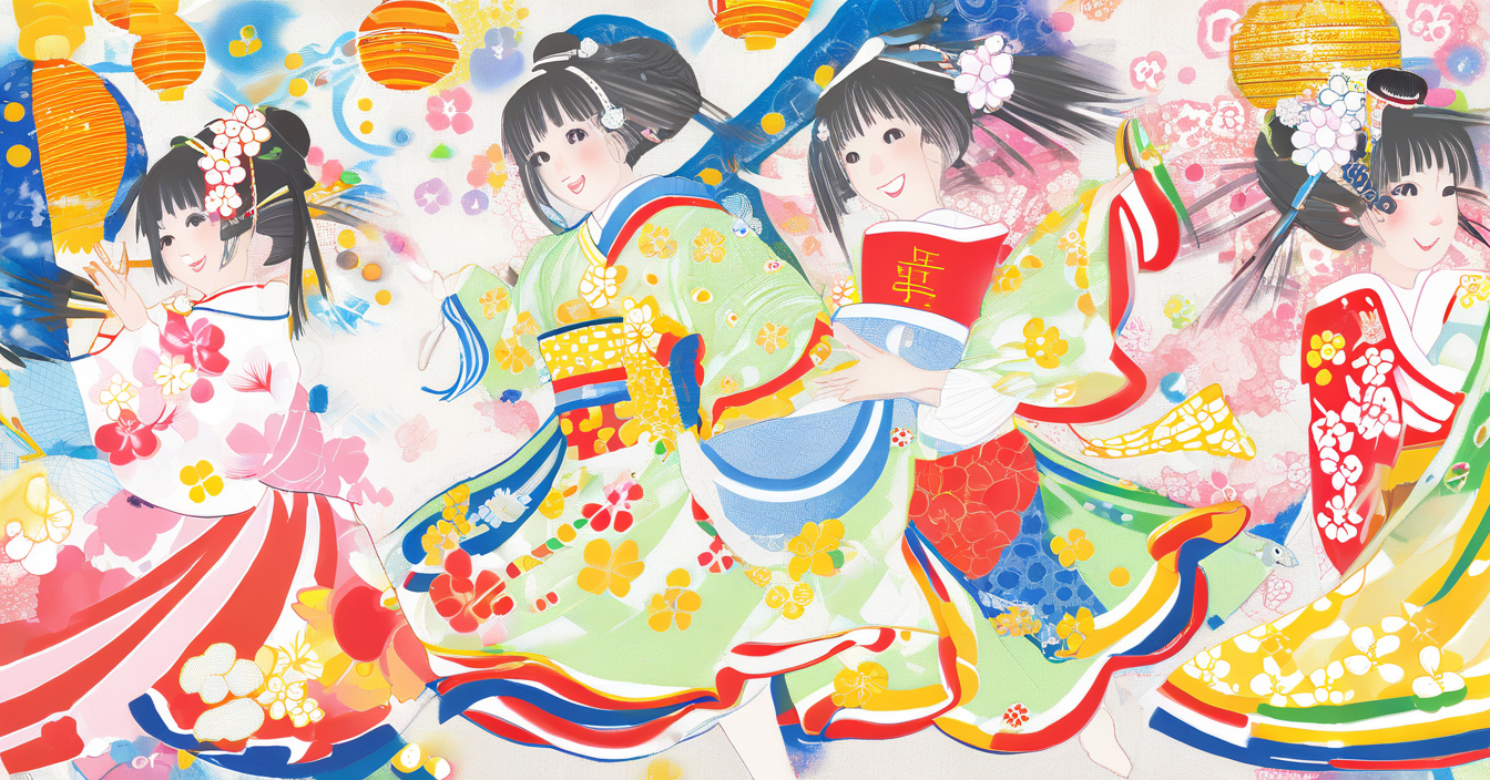 「年賀状,成人式,踊る女子,渋谷駅前,ドラゴン,日本画,イラスト」で生成した画像