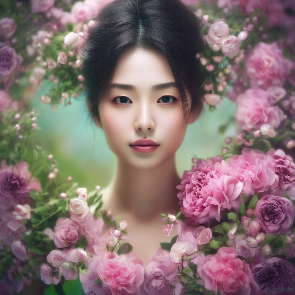 mkshing さんによる作例：「花に囲まれた日本女性のポートレート」