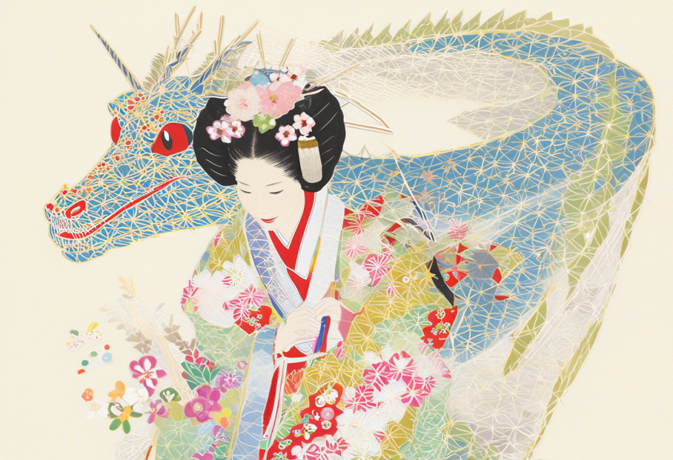 Prompt：「年賀状・ドラゴン・成人式の女性イラスト」NP：「低品質、最悪の品質、醜い」、cfg_scale：7.5 size ratio：1.46 seed:3871901532