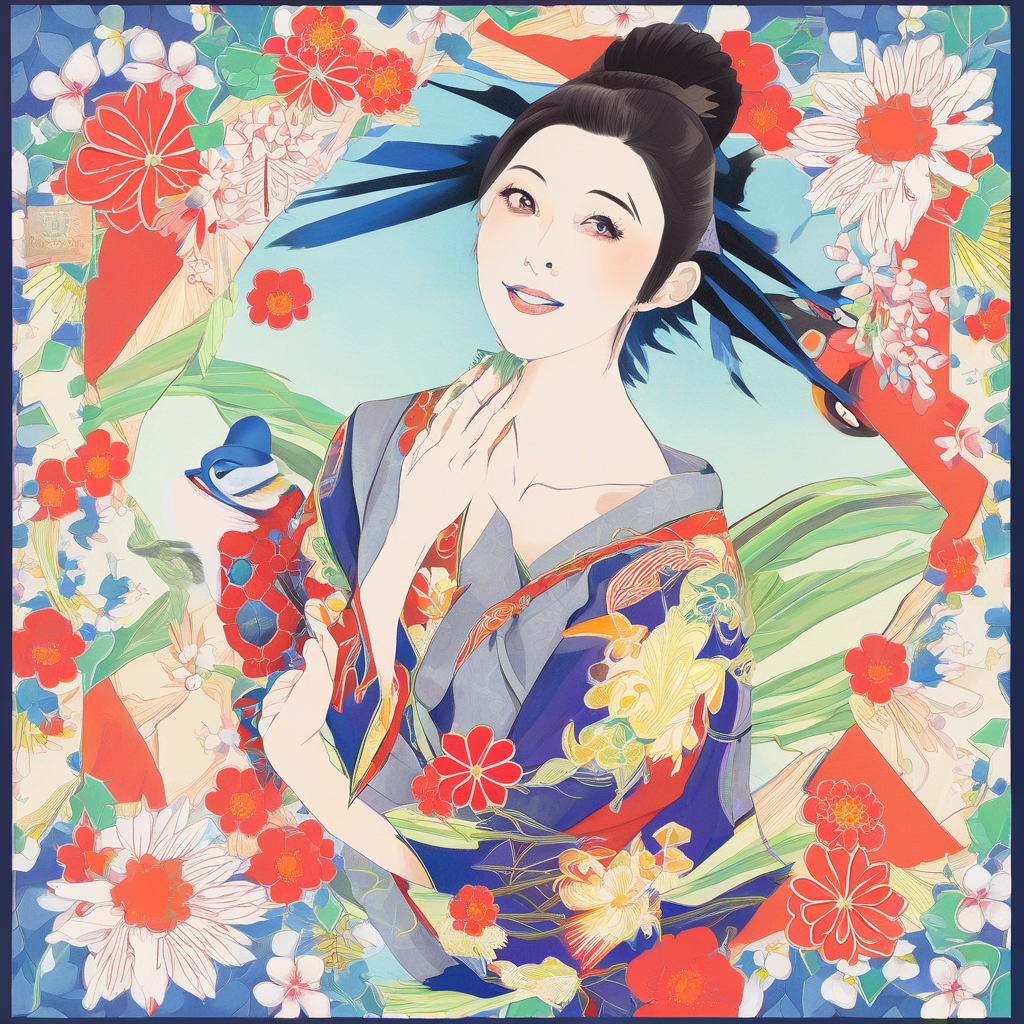 和顔で日本画風な浴衣美人が生成されました